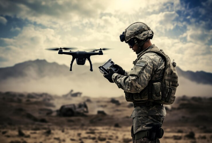Soldier operating drone for surveillance scouting